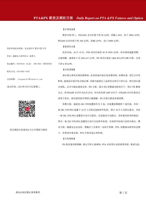 PTA&PX期货及期权日报