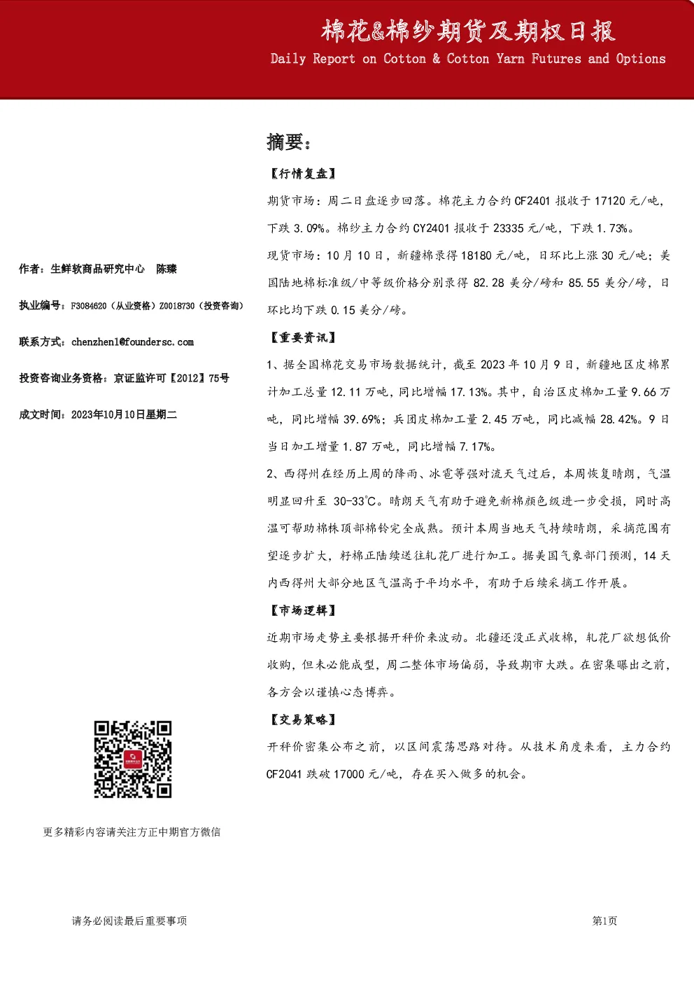 棉花&棉纱期货及期权日报