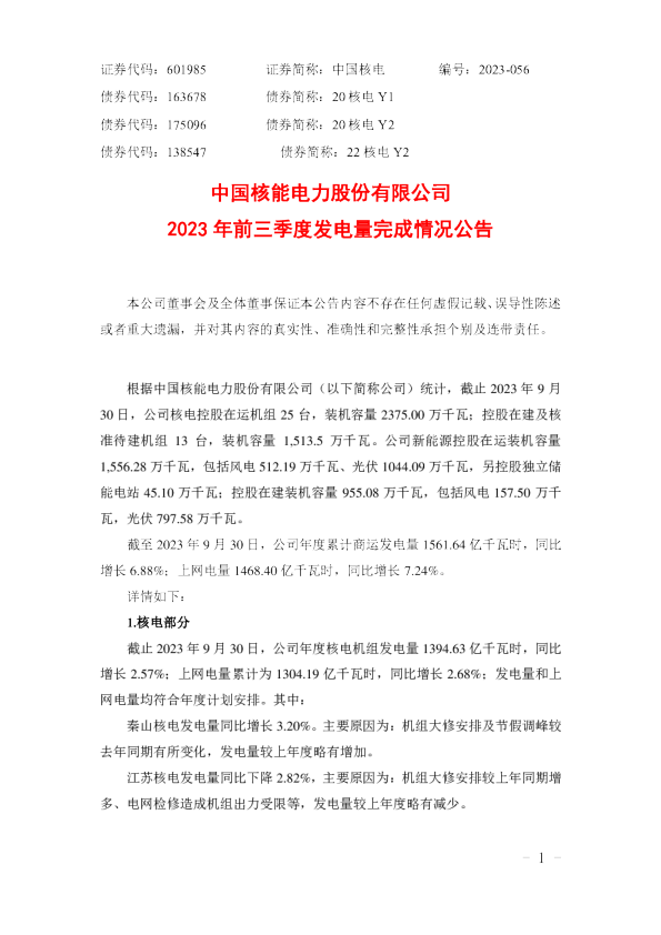 中国核能电力股份有限公司2023 年前三季度发电量完成情况公告