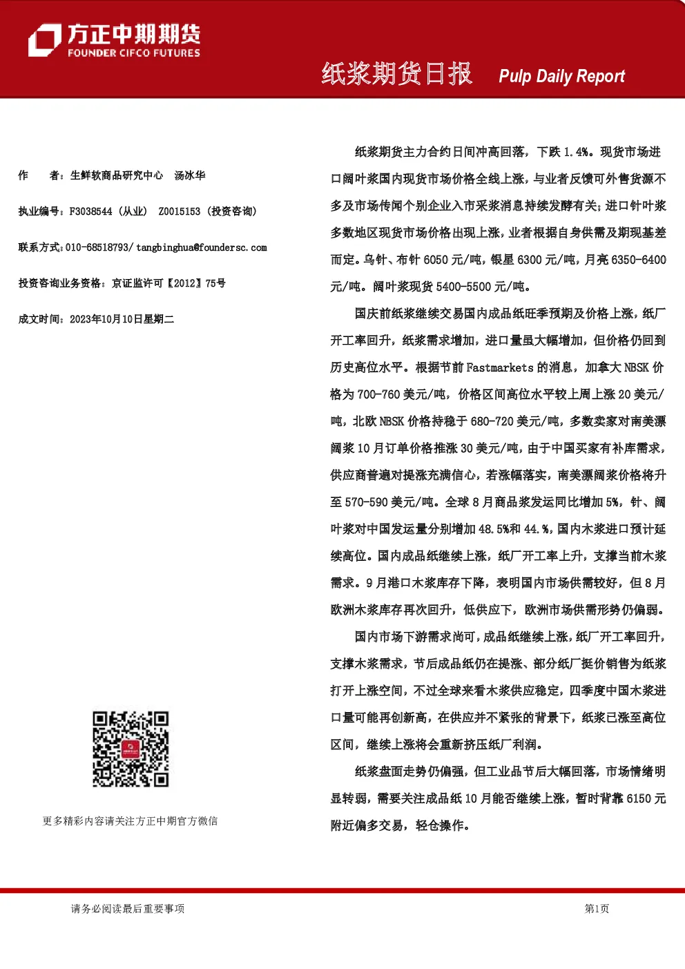 纸浆期货日报