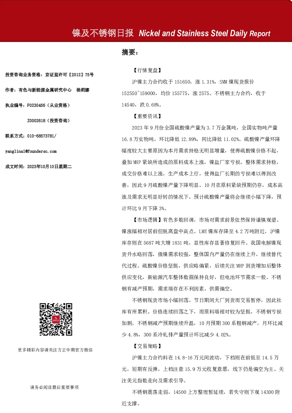 镍及不锈钢日报