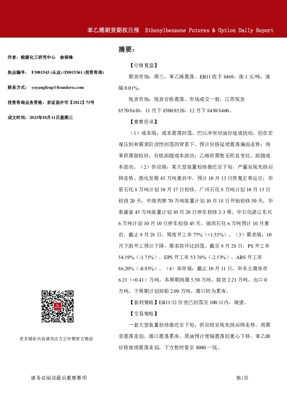 苯乙烯期货期权日报