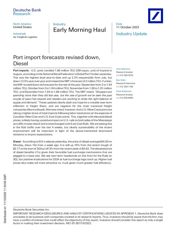 港口进口预测下调 ， 柴油