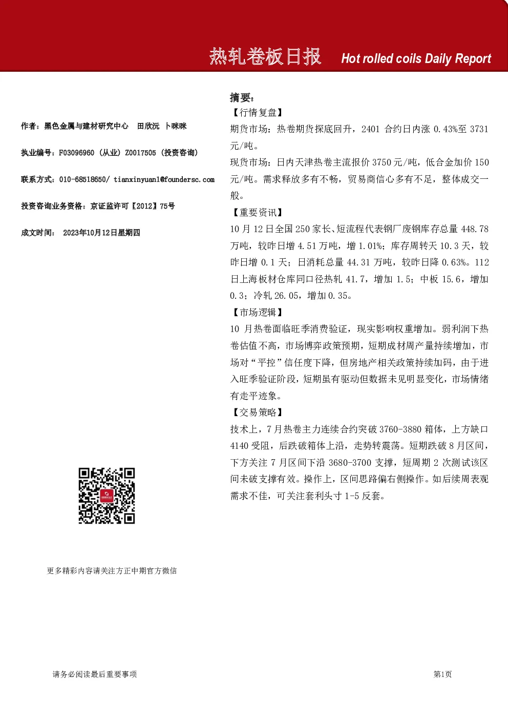 热轧卷板日报