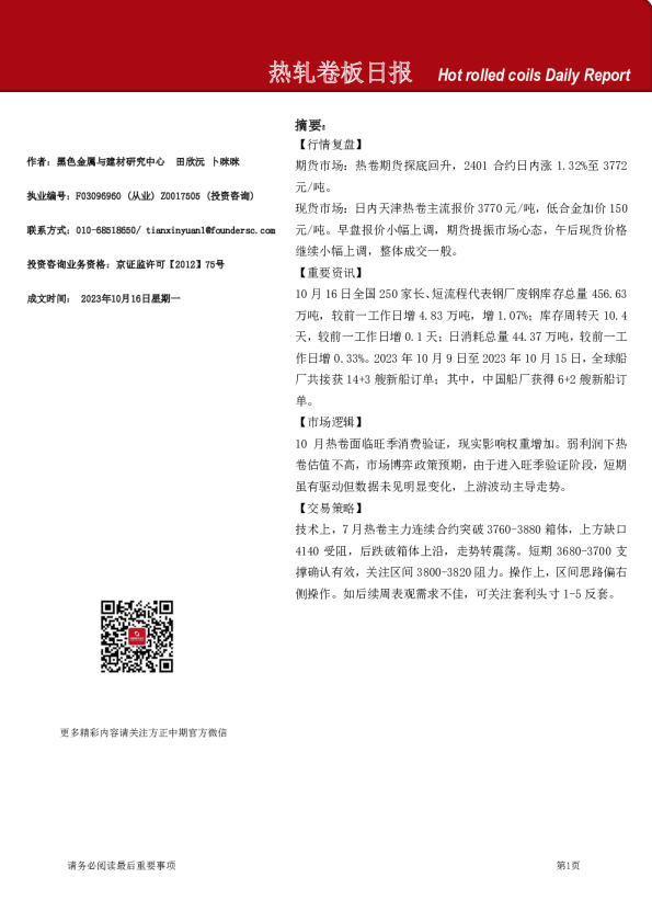 热轧卷板日报