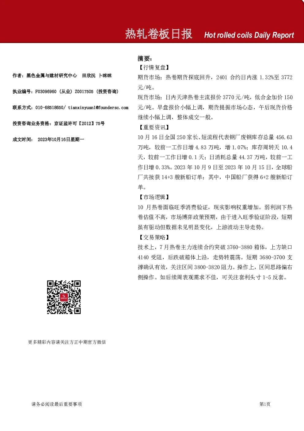 热轧卷板日报