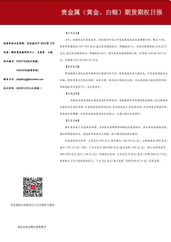 贵金属（黄金、白银）期货期权日报