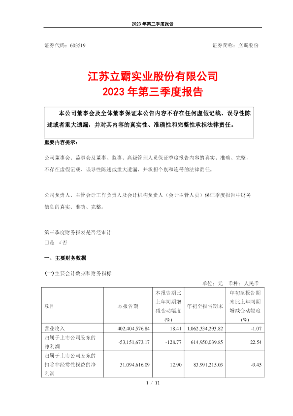 立霸股份：立霸股份：2023年第三季度报告