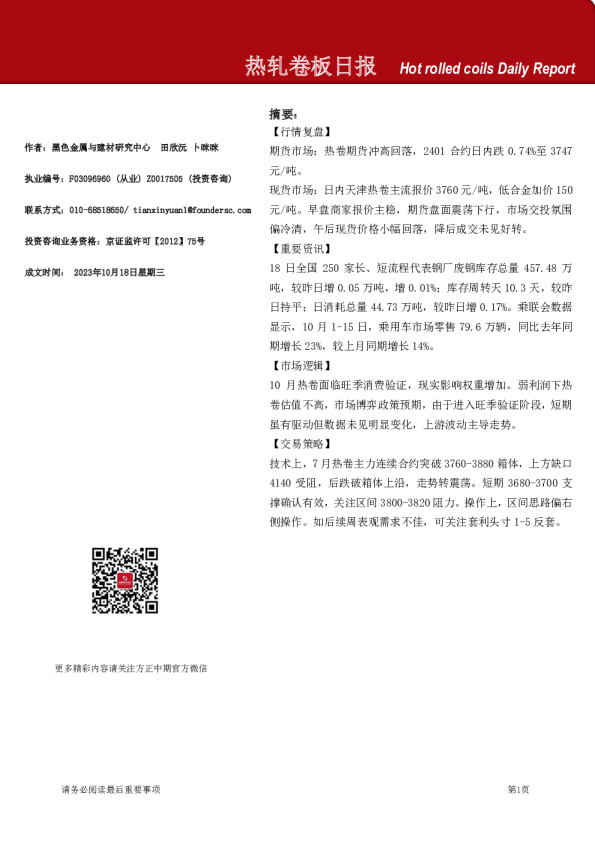 热轧卷板日报