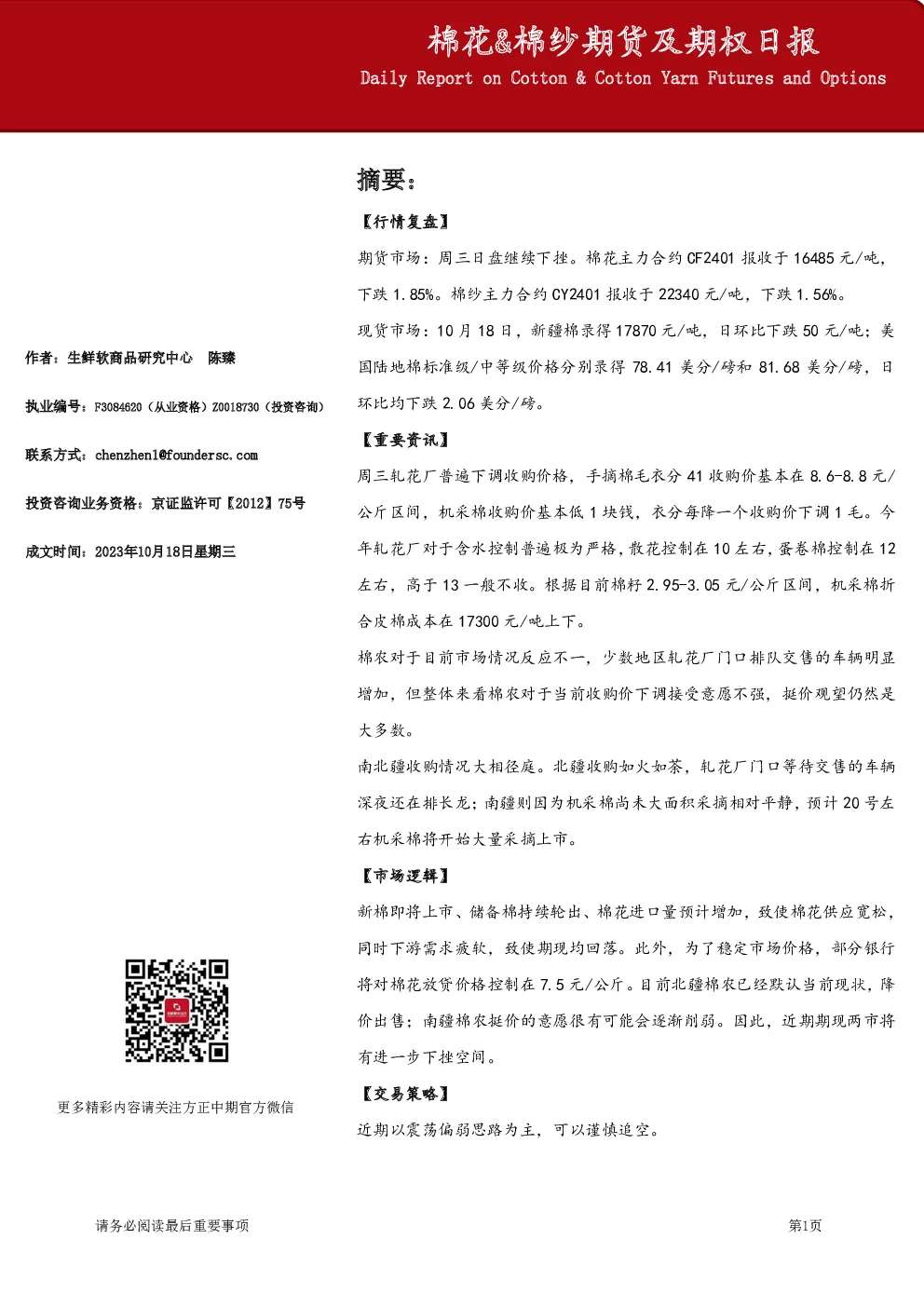 棉花&棉纱期货及期权日报