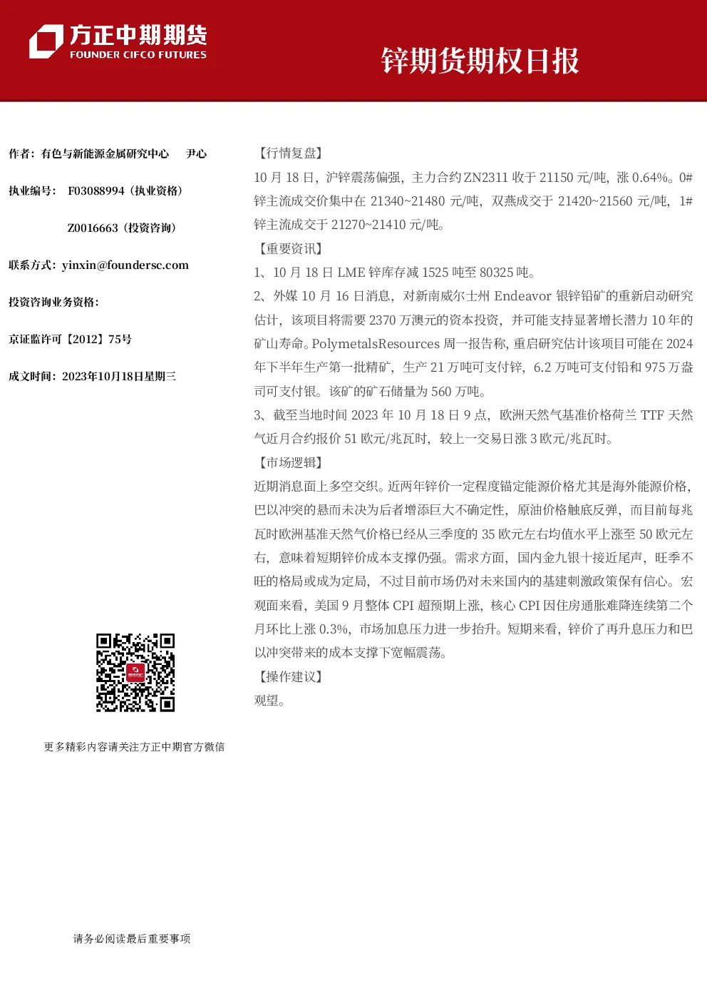 锌期货期权日报