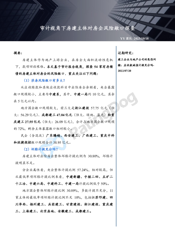 YY评级_固收研究_【YY】审计视角下房建主体对房企风险敞口探查_YY团队_20231018