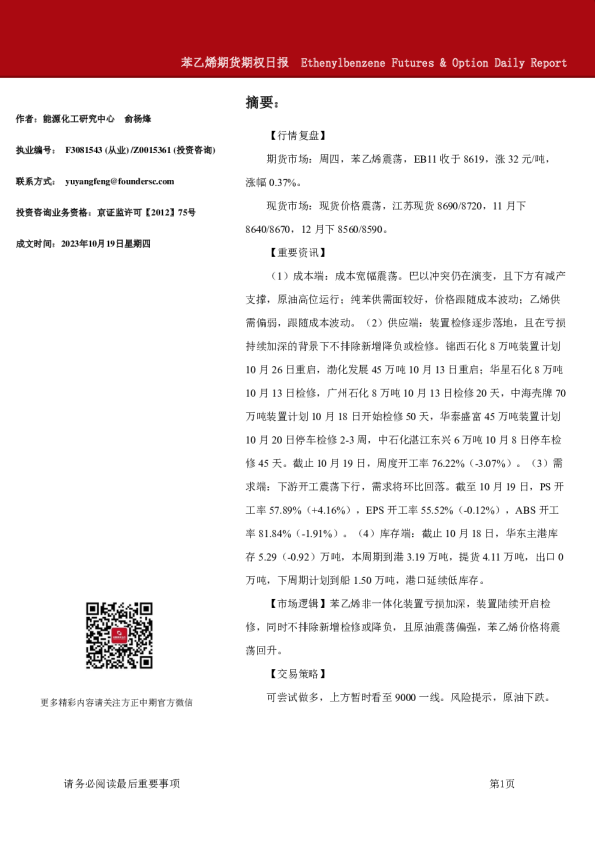苯乙烯期货期权日报