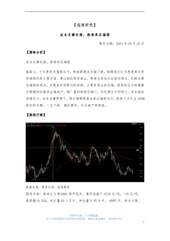 成本支撑走弱，热卷承压偏弱