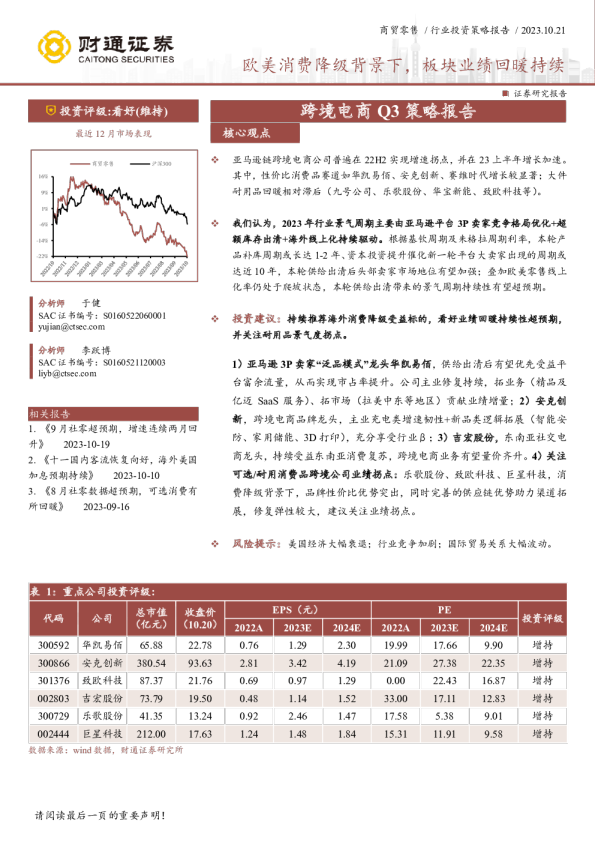 跨境电商Q3策略报告：欧美消费降级背景下，板块业绩回暖持续