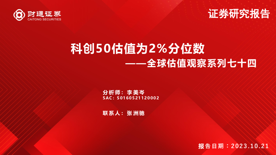 全球估值观察系列七十四：科创50估值为2%分位数