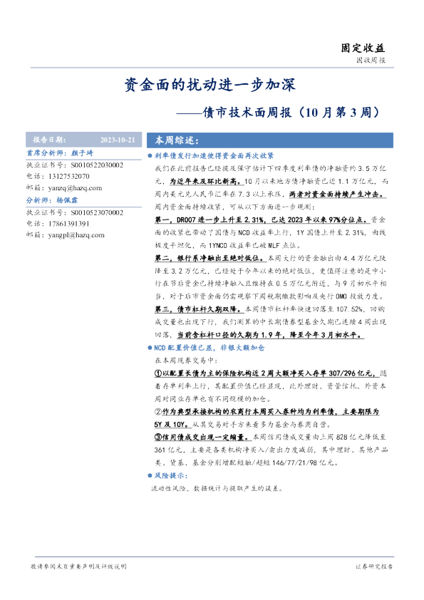 债市技术面周报：资金面的扰动进一步加深