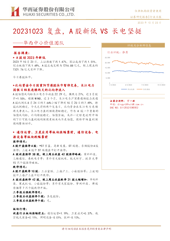 华西中小价值团队：20231023复盘，A股新低VS长电坚挺