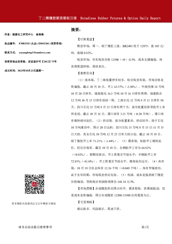 丁二烯橡胶期货期权日报