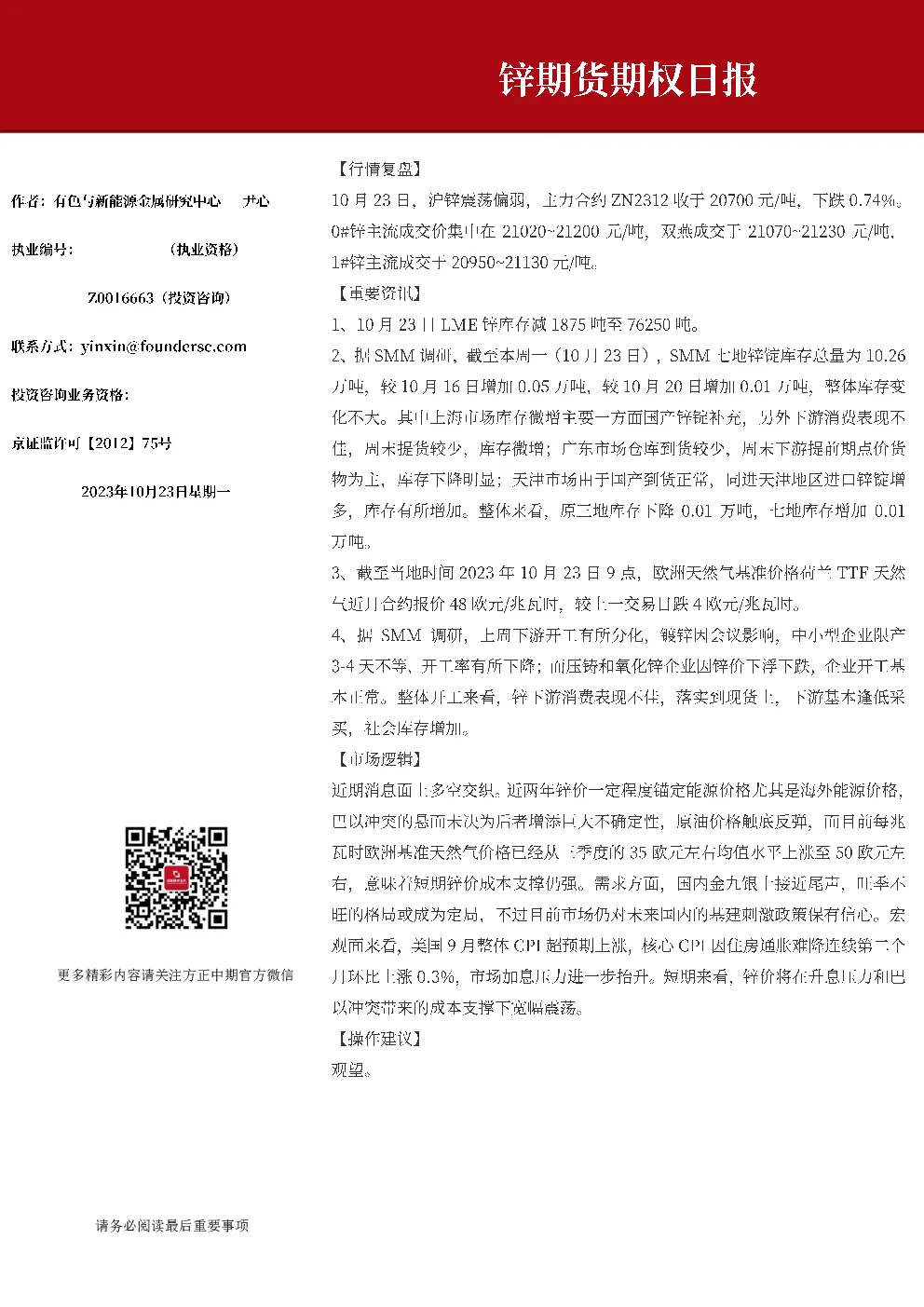 锌期货期权日报