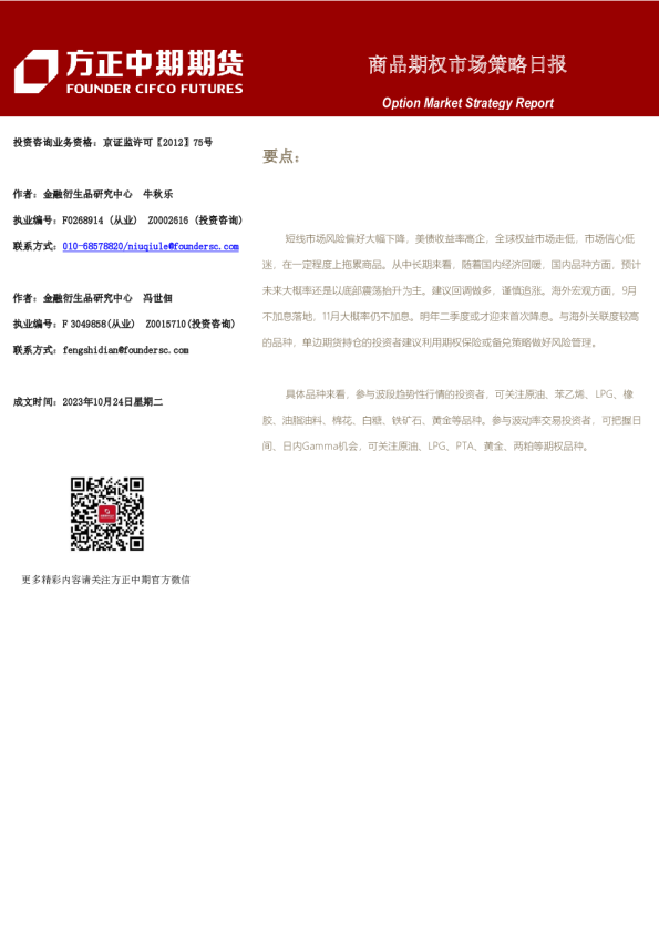 商品期权市场策略日报