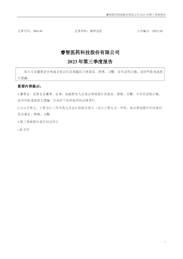 睿智医药：2023年三季度报告