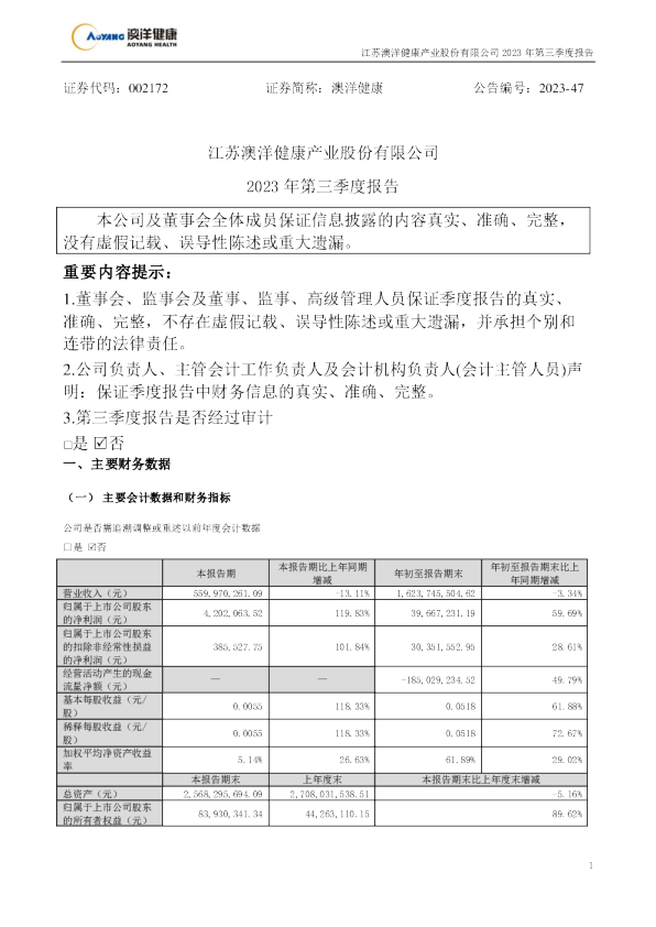 澳洋健康：2023年三季度报告