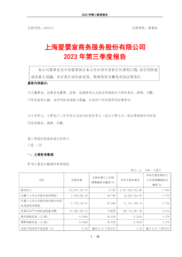 爱婴室：2023年第三季度报告