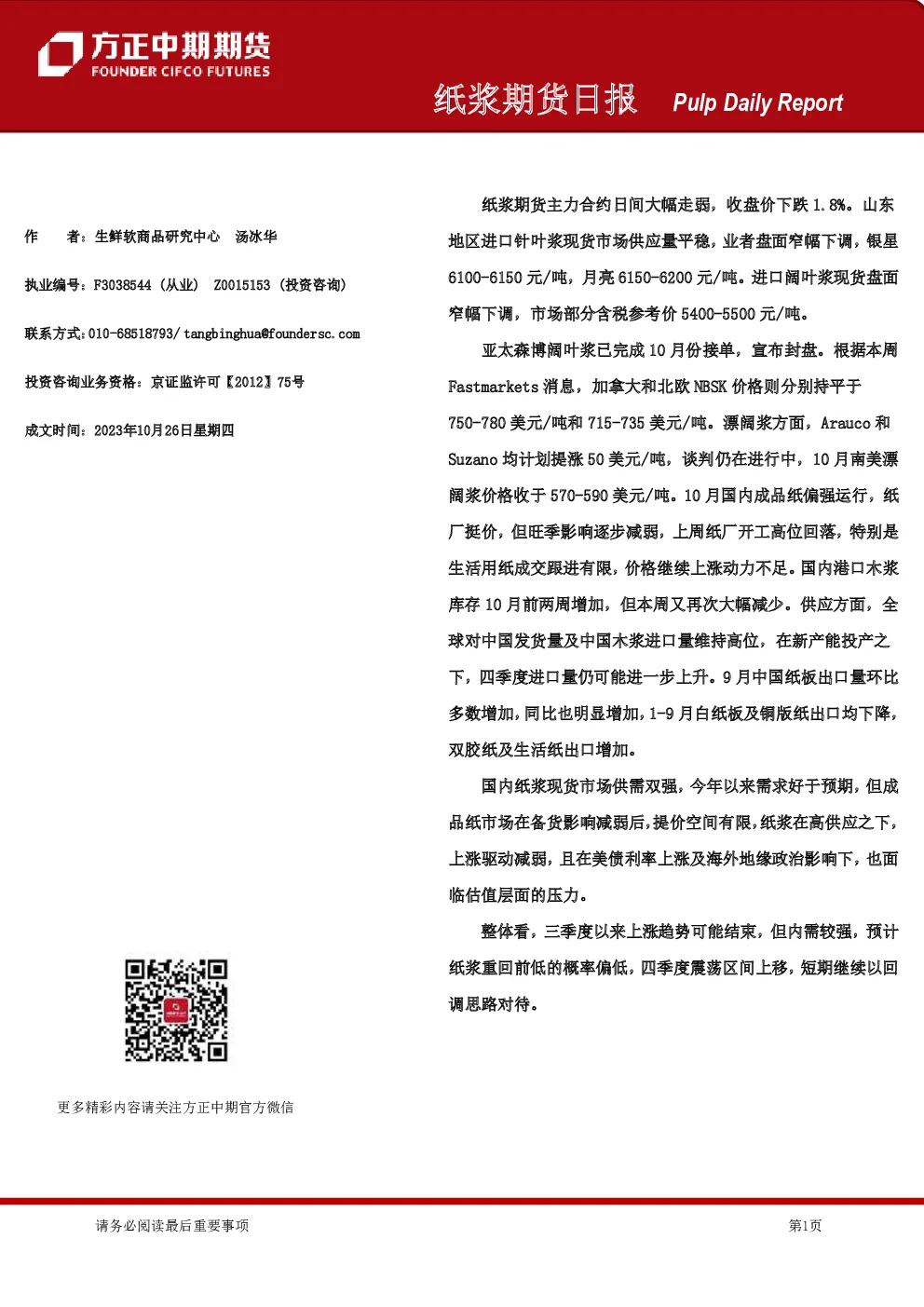 纸浆期货日报