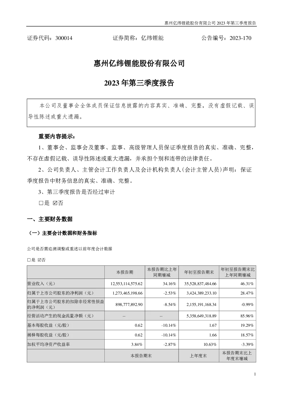 亿纬锂能：2023年三季度报告