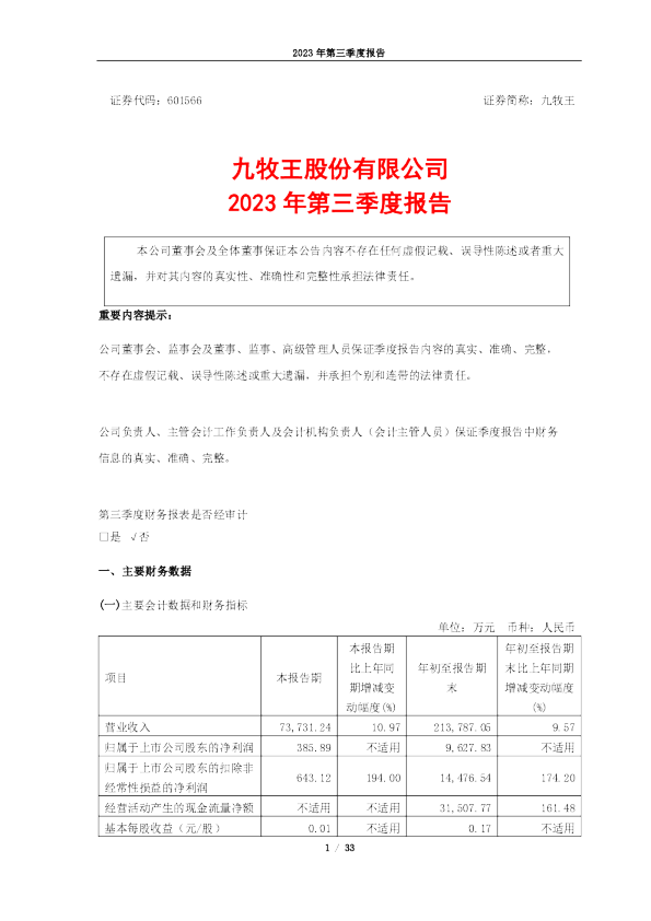 九牧王：九牧王2023年第三季度报告