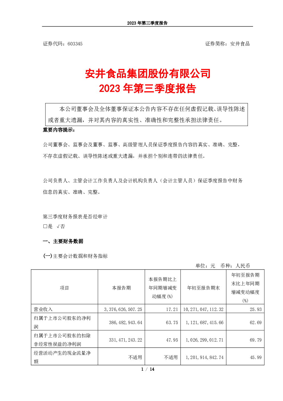 安井食品：安井食品2023年第三季度报告