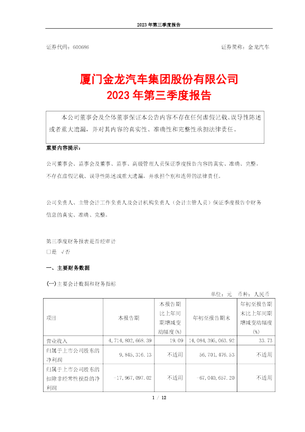金龙汽车：金龙汽车2023年第三季度报告