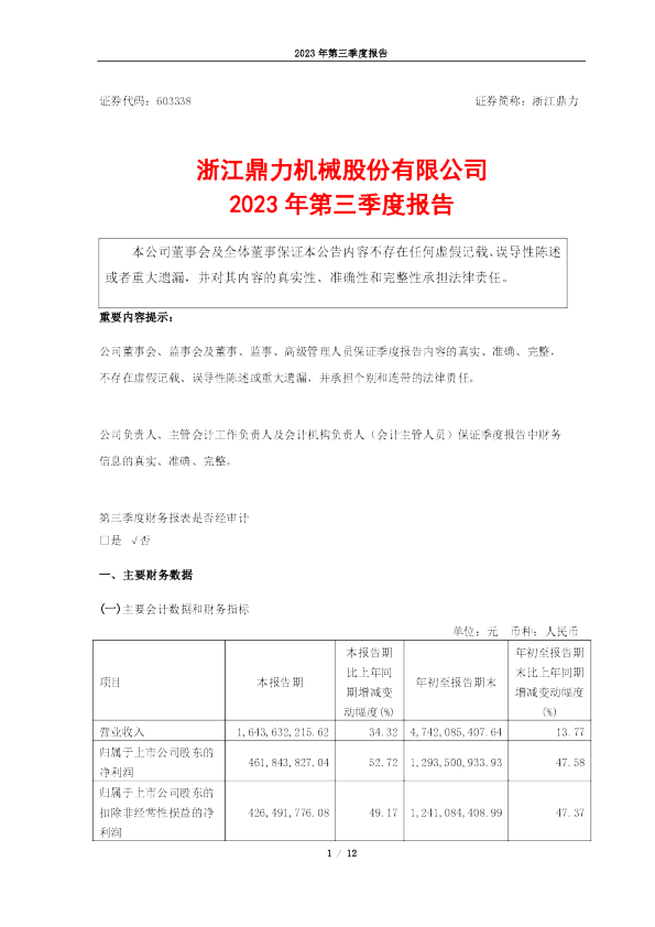 浙江鼎力：浙江鼎力机械股份有限公司2023年第三季度报告