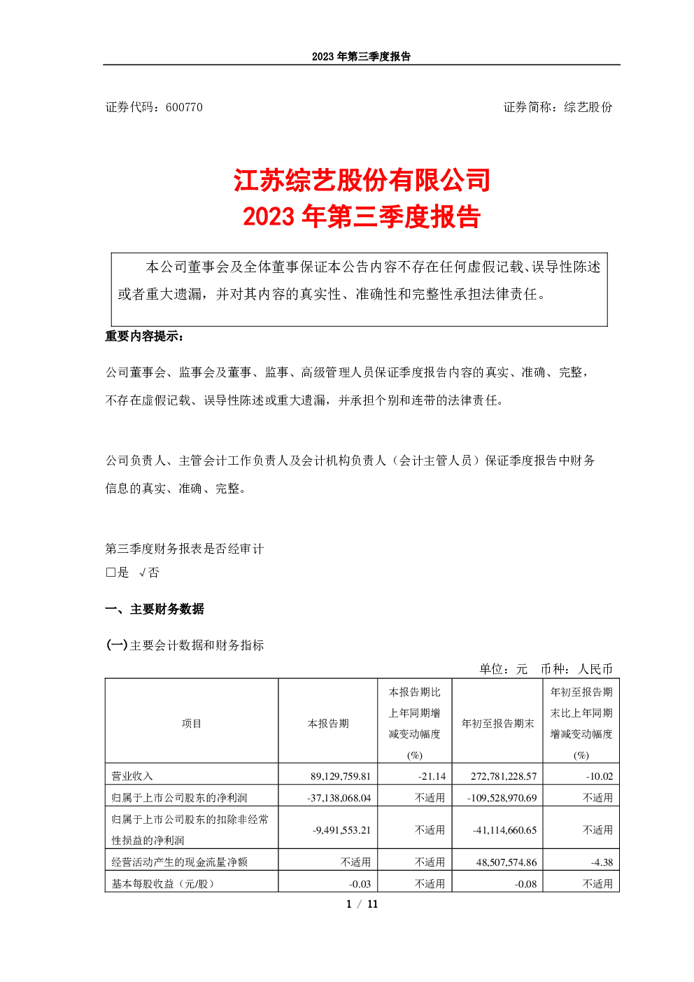 综艺股份：综艺股份2023年第三季度报告