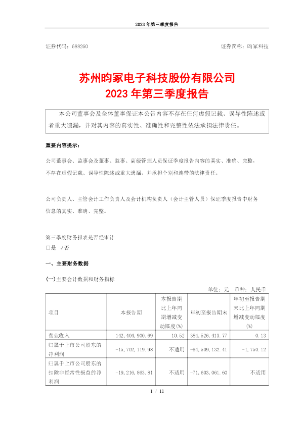 昀冢科技：2023年第三季度报告