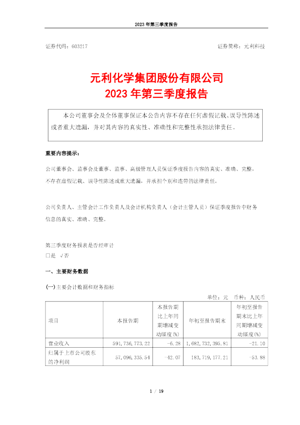 元利科技：2023年第三季度报告