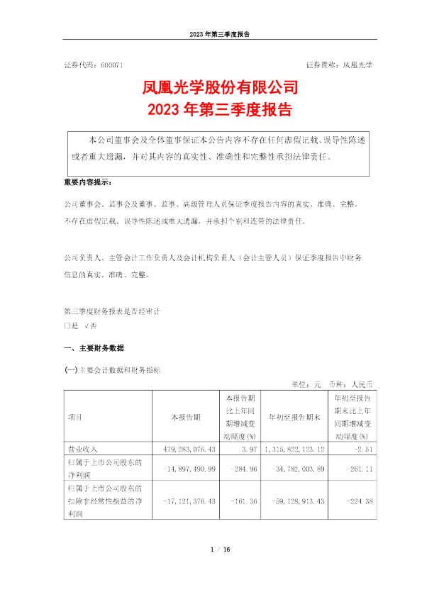 凤凰光学:凤凰光学股份有限公司2023年第三季度报告
