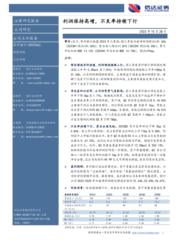 利润保持高增，不良率持续下行