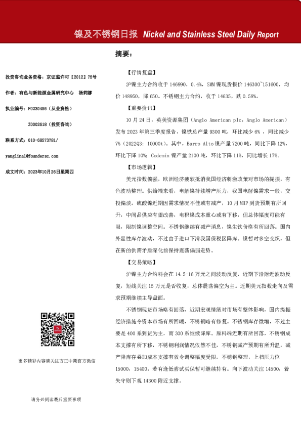镍及不锈钢日报