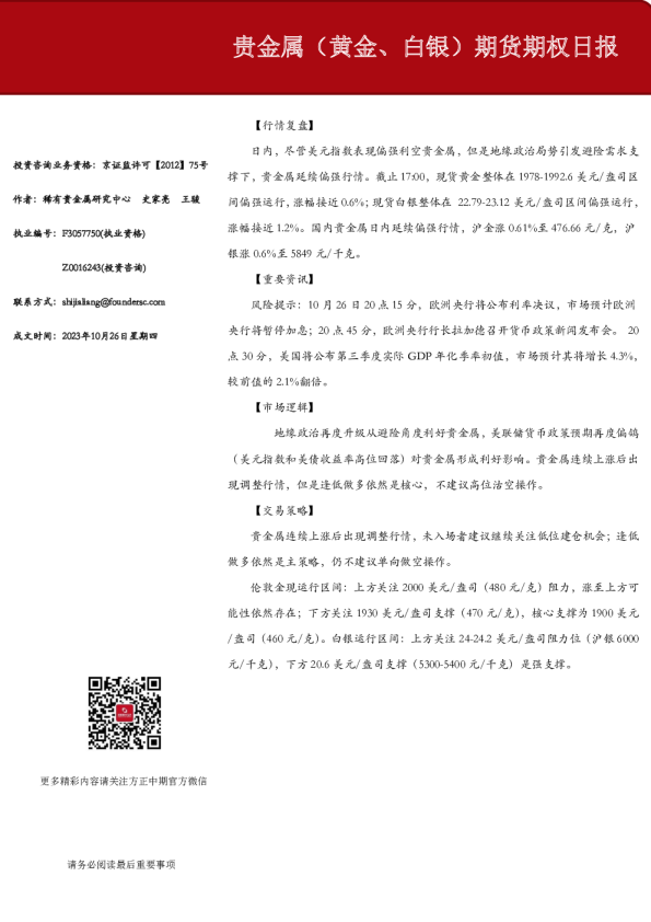 贵金属（黄金、白银）期货期权日报