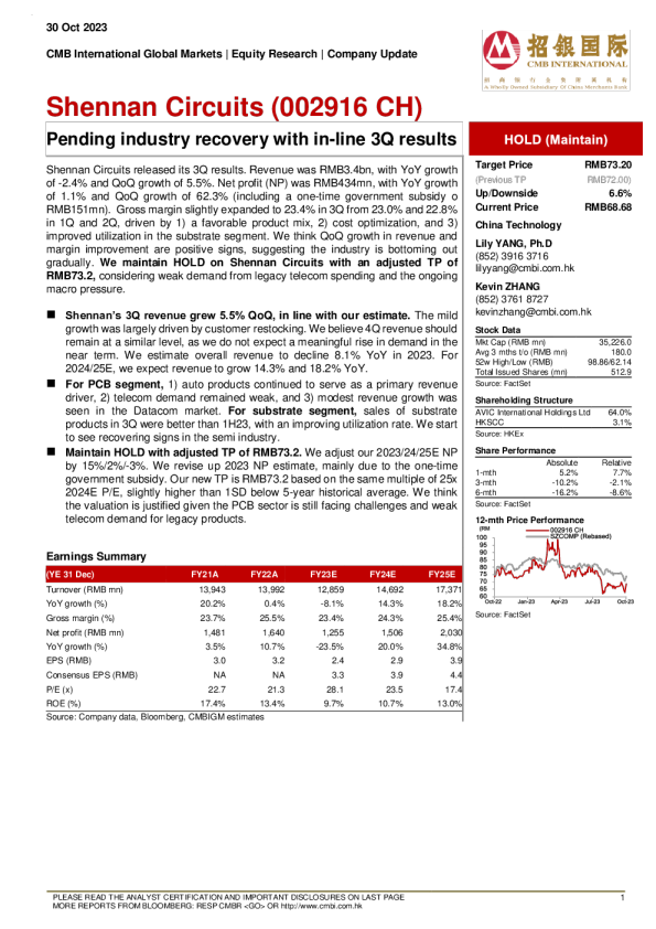 - 等待行业复苏 ， 第三季度业绩一致