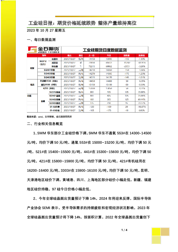 工业硅日报：期货价格延续跌势，整体产量维持高位