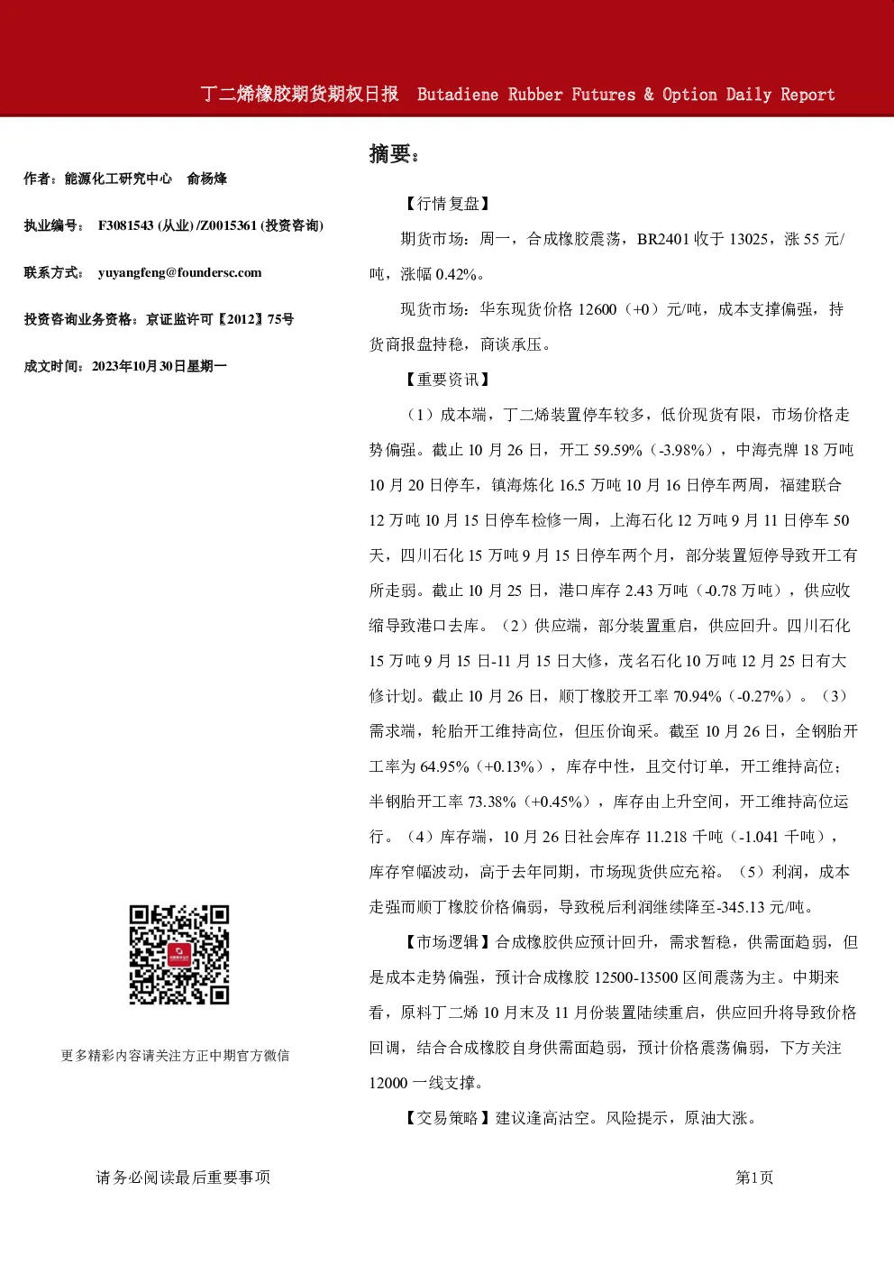 丁二烯橡胶期货期权日报