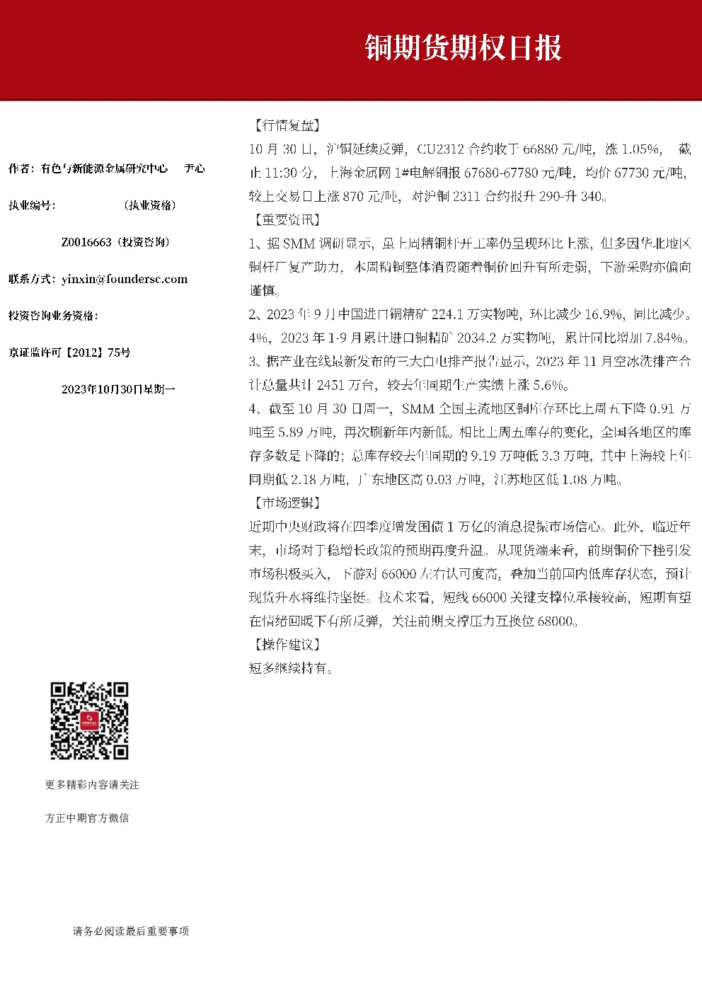 铜期货期权日报