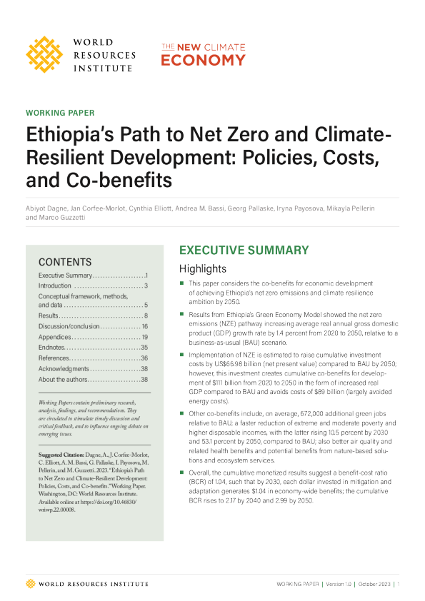 埃塞俄比亚实现零净发展和气候弹性发展之路 ： 政策、成本和共同利益