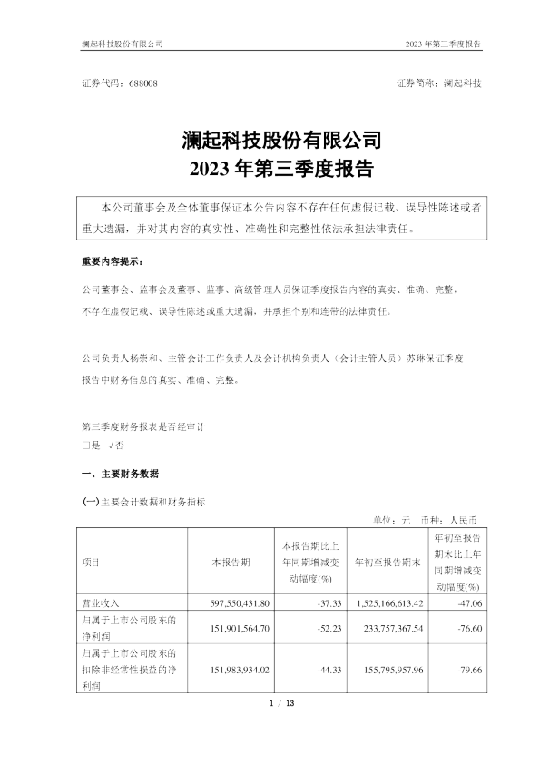 澜起科技:澜起科技2023年第三季度报告