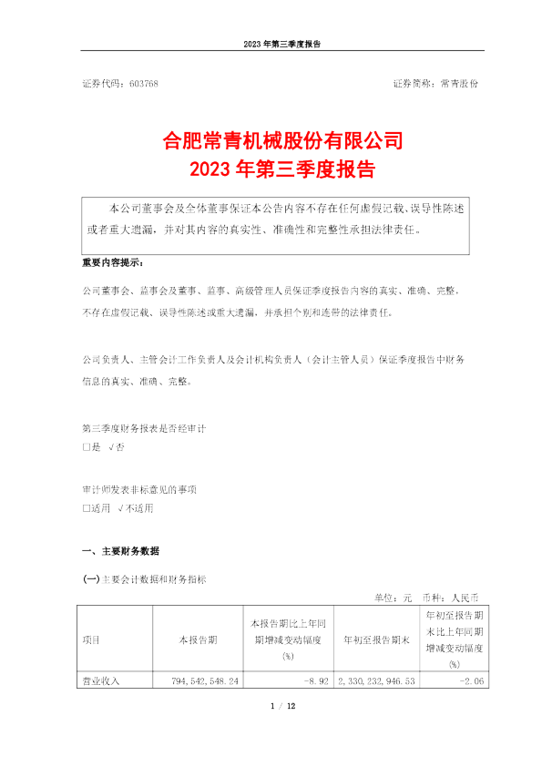 常青股份:常青股份2023年第三季度报告