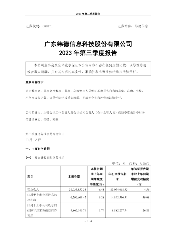 纬德信息: 广东纬德信息科技股份有限公司2023年第三季度报告