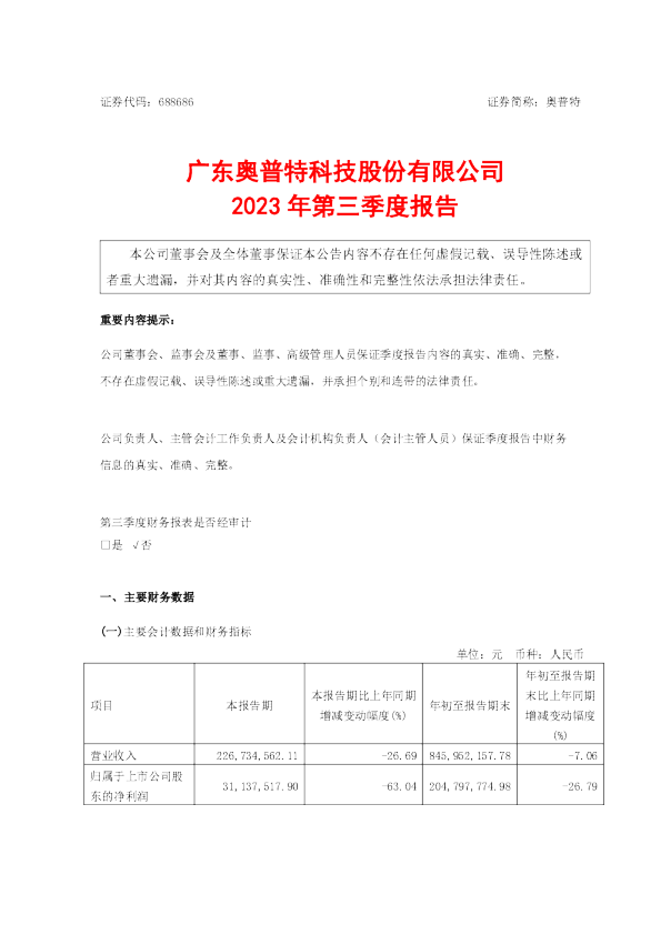 奥普特:2023年第三季度报告